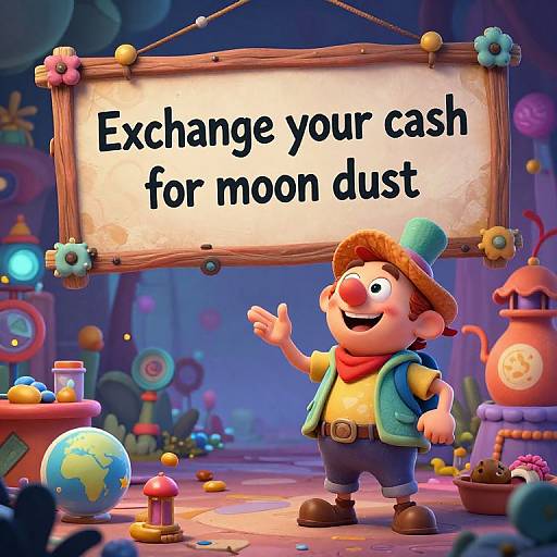 Digital cartoon: chubby, smiling boy in green hat and blue vest, standing under wooden sign reading 