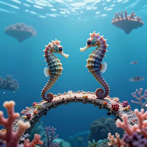 Photograph of two colorful seahorses facing each other on a coral arch in a vibrant underwater scene with light beams.