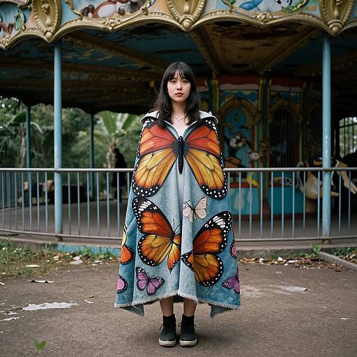Photograph of a young Asian woman with black hair, wearing a butterfly-patterned cloak, standing in front of a colorful, vintage carousel.