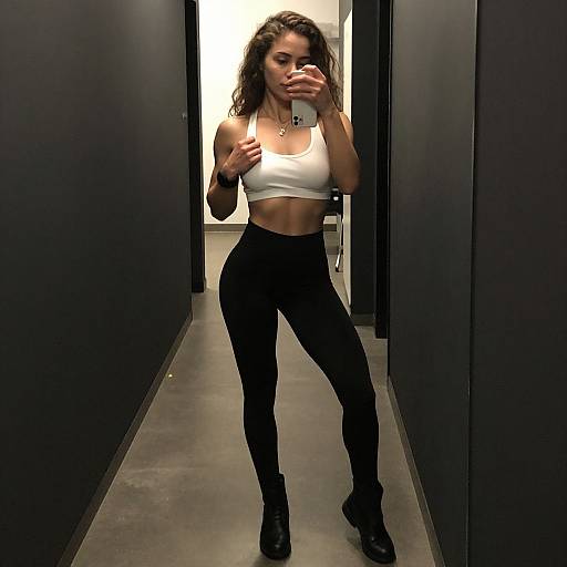 Photograph of a fit, brunette woman with curly hair, wearing a white crop top, black high-waisted pants, and black boots, taking