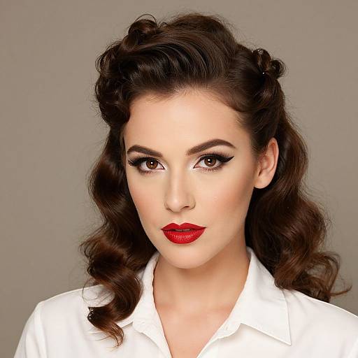 Photograph of a fair-skinned woman with dark wavy hair, red lipstick, black winged eyeliner, and white collared shirt, against