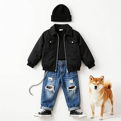 Shiba Inu in Torn Denim Outfit