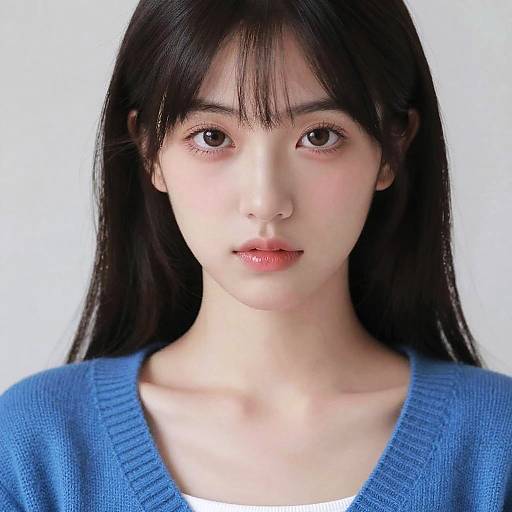 Photograph of an East Asian woman with long black hair, bangs, and fair skin, wearing a blue knitted sweater, looking directly at the