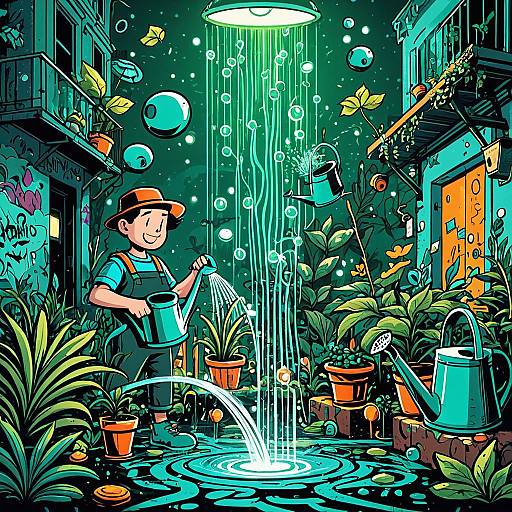 Cartoon Gardener Watering Enchanted Plants