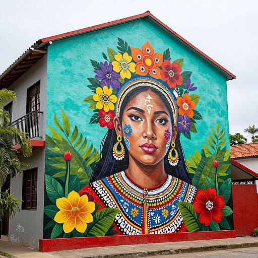 Vibrant mural of a Native woman with colorful floral headpiece, intricate jewelry, and traditional attire, on a turquoise house. Street scene with palm