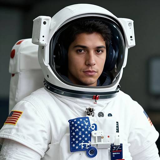 Photograph of a young man with dark hair in a white astronaut suit, featuring an American flag patch, star-spangled chest emblem, and large helmet
