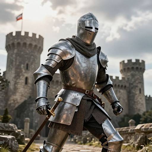 Photorealistic digital image of a medieval knight in shiny silver armor, black scarf, and sword, standing in front of a stone castle with two tall