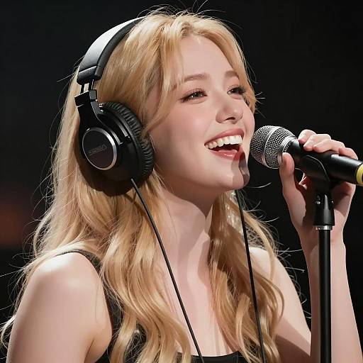 Blonde Singer in Headphones with Microphone