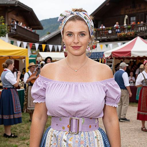 Photograph of a fair-skinned woman with blue eyes, wearing a white off-shoulder dress, floral headband, and belt, standing in