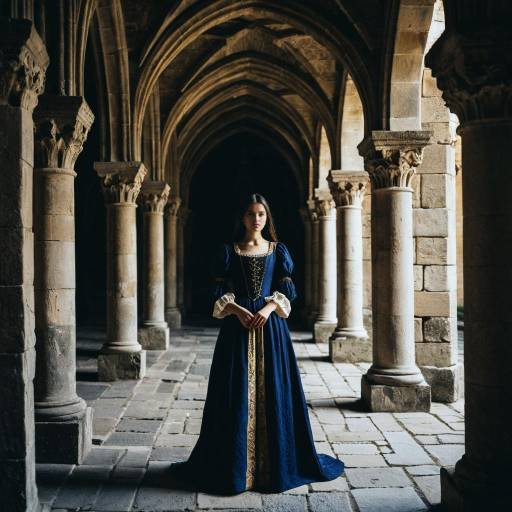 Young Woman in Renaissance Dress Under Gothic Arches