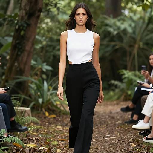 Photograph of a slender, dark-haired woman in a white sleeveless top and black high-waisted pants walking on a forest path. Blurred