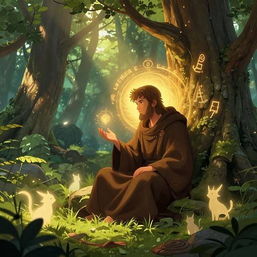 Digital art of a bearded man in a brown robe, sitting in a sunlit forest, casting magical glowing runes and surrounded by ethereal, lum