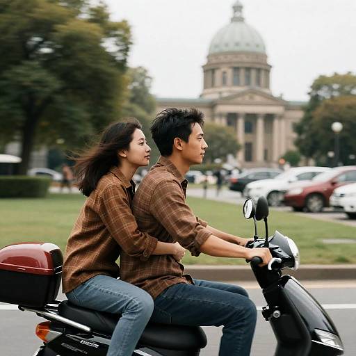 Couple on Scooter in Park Setting