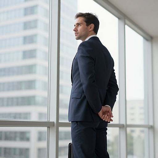 Photograph of a handsome, dark-haired man in a navy suit, standing with hands behind back, looking out a large window in a modern office building