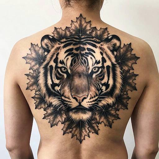 Photograph of a shirtless man with a large, detailed black and gray tiger tattoo on his back, surrounded by leaf-like patterns.
