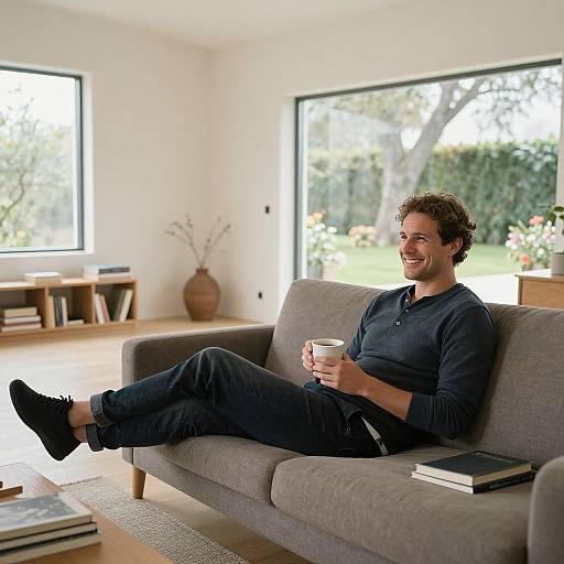 Photograph of a curly-haired man in a navy long-sleeve shirt and black pants, smiling while sitting on a gray couch, holding a coffee