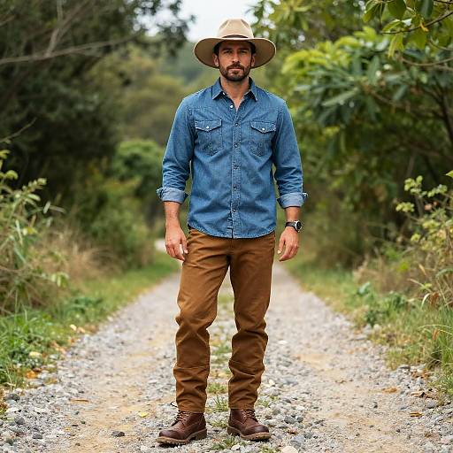 Photograph of a bearded man with medium build, wearing a wide-brimmed hat, blue denim shirt, brown pants, and brown boots,