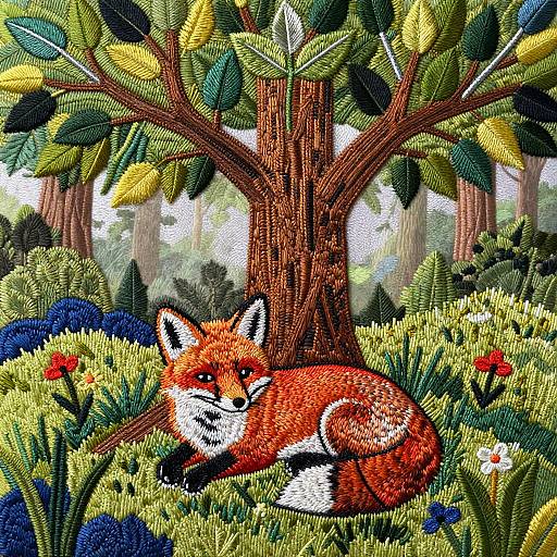 Embroidered Baby Fox Under Tree of Life