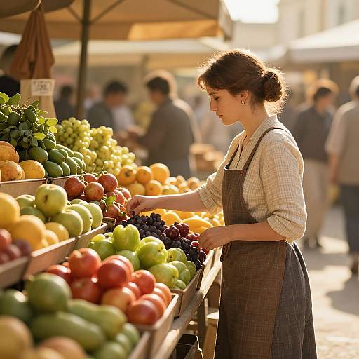 Photograph of a young woman with brown hair in a bun, wearing a checkered shirt and brown apron, selecting grapes at a sunny outdoor market