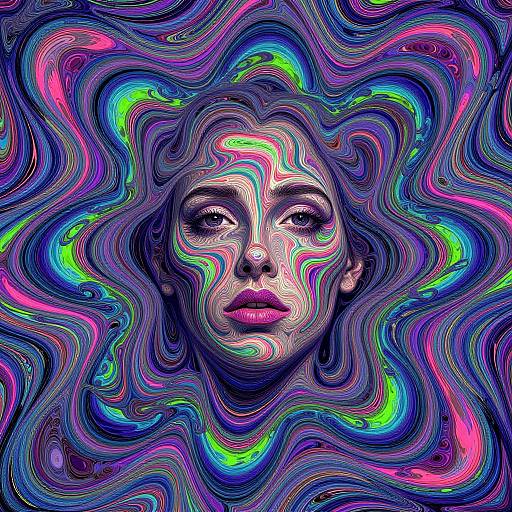 Digital artwork of a woman's face with swirling, vibrant neon colors (pink, blue, green, purple) in abstract, hypnotic patterns, blending