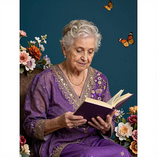 Elderly Woman Reading in Vibrant Attire