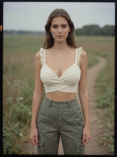 Photograph of a young woman with long brown hair, wearing a white ruffled crop top and green cargo pants, standing on a rural dirt path with