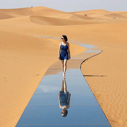 Photograph of a woman in a blue dress walking on a reflective metal path through a vast, sunlit desert with rolling sand dunes.