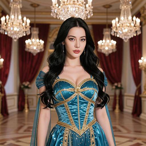 Photorealistic digital artwork of a beautiful woman with long black hair, wearing a teal, gold-trimmed, off-shoulder gown in an