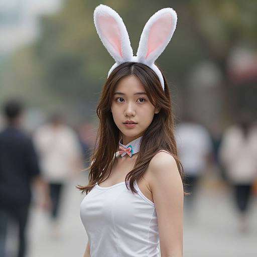 Photograph of an Asian woman with long brown hair, wearing a white bunny-eared headband, white strapless top, and blue collar, standing
