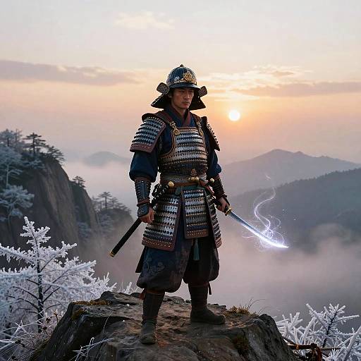 Photorealistic digital art of a samurai warrior in traditional armor, standing on a rocky ledge at sunrise, holding a glowing katana, with mist