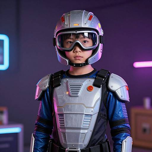 Photograph of an Asian child in futuristic silver armor with a helmet and goggles, standing in a neon-lit room.