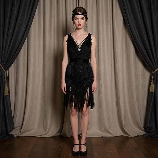 Photograph of a pale-skinned woman with red lipstick, dark hair in a headband, wearing a black fringe dress and black heels, standing against