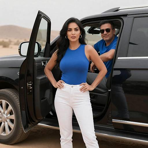 Confident Woman with SUV in Desert