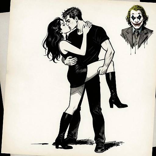 Passionate Black and White Kiss Illustration