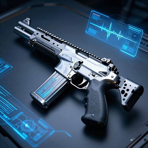 High-tech, futuristic digital rendering of a silver and black handgun with glowing blue holographic interface elements on a dark surface.