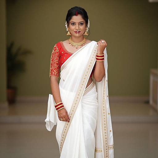 Photograph of an Indian woman in a red and white traditional saree, adorned with gold jewelry, standing confidently in a softly lit room.