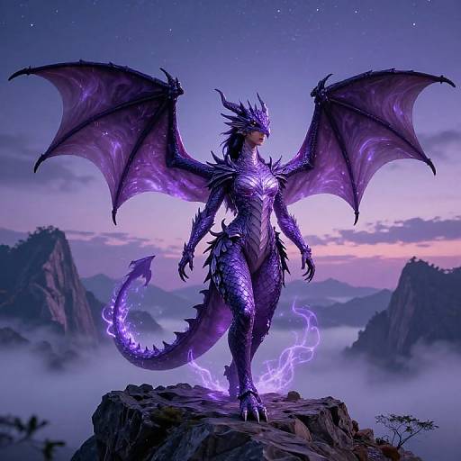 Digital artwork of a purple, glowing, dragon-woman with large wings, standing on a rocky cliff at twilight, surrounded by misty mountains.