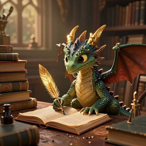 Digital illustration of a cute, green-scaled dragon with yellow underbelly and orange wings, writing with a golden quill in a sunlit library