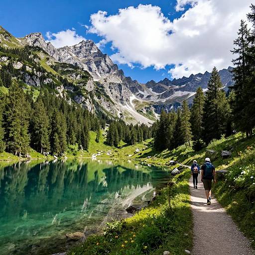 Photograph of two hikers on a rocky path beside a clear, turquoise mountain lake, surrounded by lush greenery and towering pine trees, with dramatic