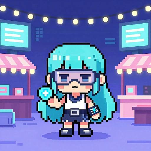 Pixel Art Cybergirl in Tech Bazaar