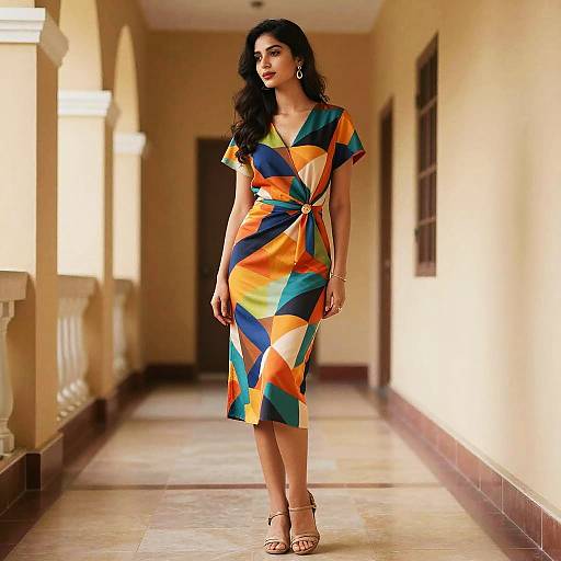 Woman in Vibrant Geometric Dress in Corridor