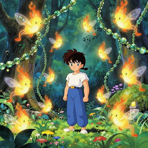 Anime-style drawing of a young boy with spiky black hair, wearing a white shirt and blue pants, surrounded by glowing fireflies in a vibrant,