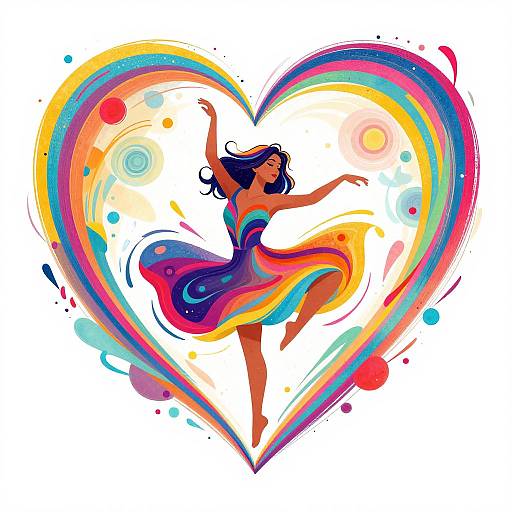 Digital illustration of a dancing woman in a colorful, flowing dress, framed by a heart-shaped rainbow with splashes of paint.
