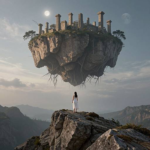 Fantasy illustration: Woman in white stands on rocky cliff, gazing at floating, ancient temple island with columns and trees, under a sunlit sky