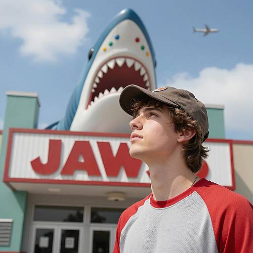 Young Man at Hollywood's Jaws Theater