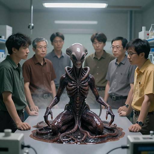 Men Examine Alien in High-Tech Lab