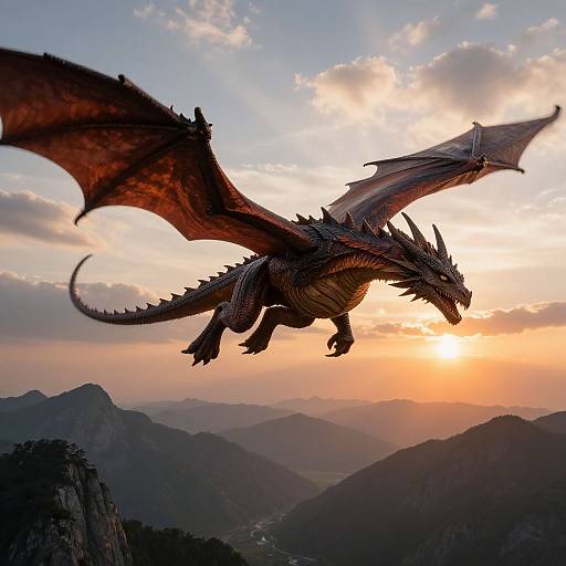 Photograph of a majestic, dark red dragon with large wings soaring over a mountainous landscape at sunset, with a glowing orange sky and silhouet