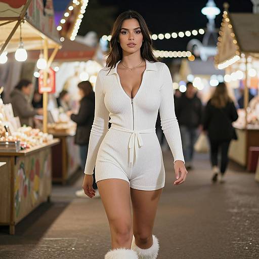 Photograph of a confident brunette woman with medium skin tone, wearing a white, ribbed, long-sleeve, zip-front romper and white