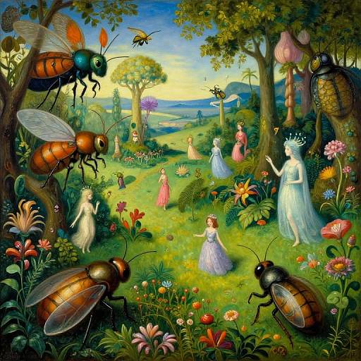 Whimsical digital painting: colorful fairy tale garden with giant bees, fairies in pastel dresses, vibrant flowers, and lush trees under a bright