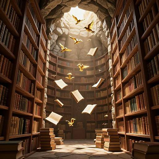 Photograph of a magical library with towering wooden bookshelves, sunlight bursting through a rocky ceiling, books flying, and golden birds soaring.